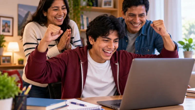 Joven celebrando al ver los resultados de Beca 18 en su laptop