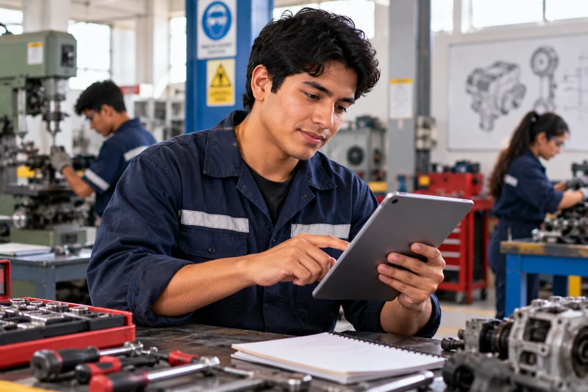 Joven de 25 años en un taller técnico revisando la beca Tec Pronabec