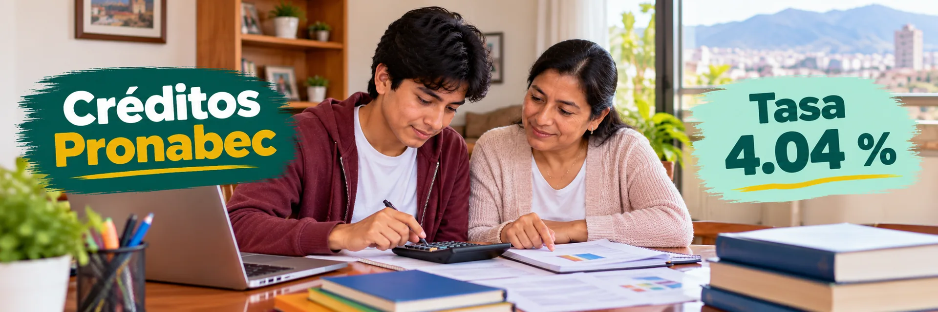 Joven peruano calculando cuotas de los créditos Pronabec con su familia