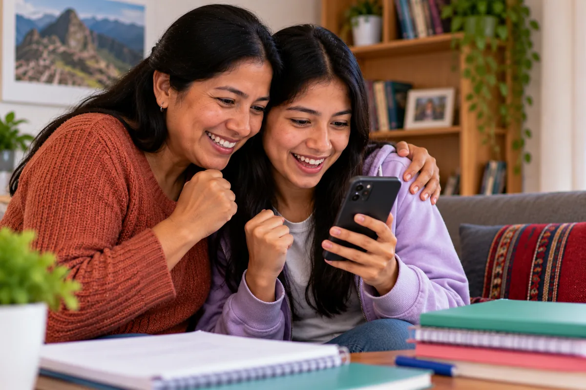 Madre e hija revisando la lista de preseleccionados de Beca 18