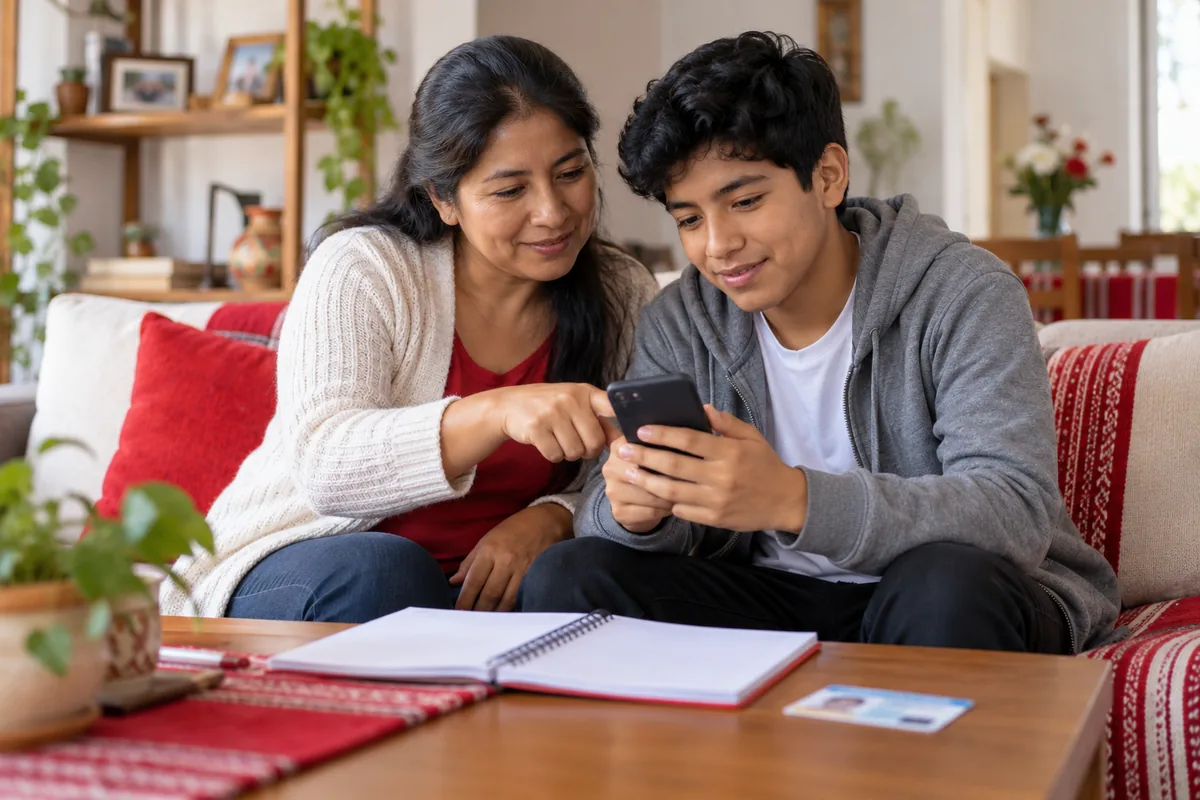 Madre e hijo revisando requisitos de las becas en Perú en el celular