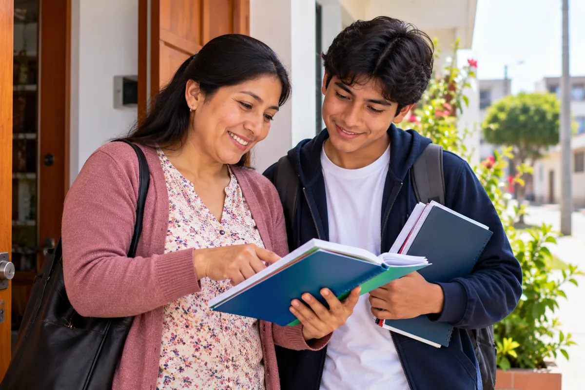 Maestra y su hija revisando becas docentes del Pronabec