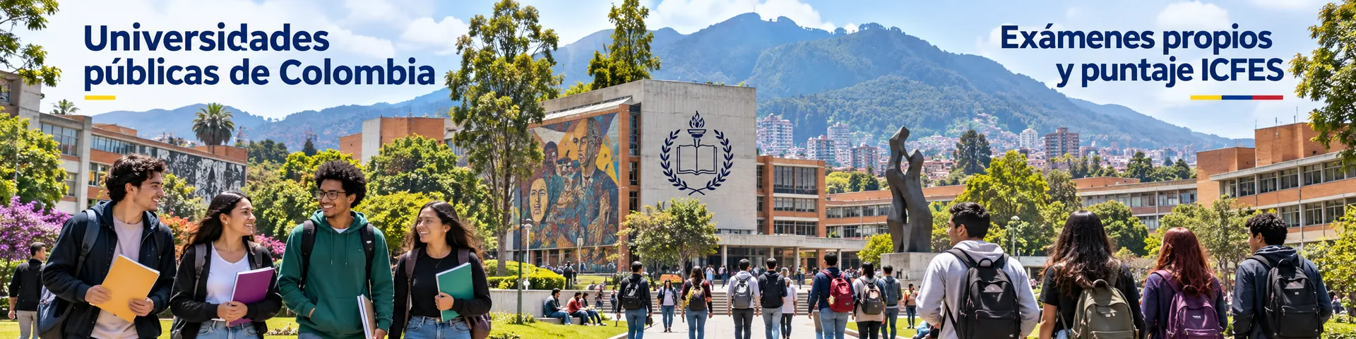 Aspirantes caminando en el campus de una universidad pública de Colombia, admisión con examen propio o puntaje ICFES
