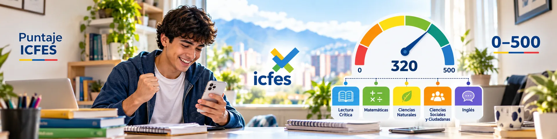Calculadora del puntaje global ICFES Saber 11 de 0 a 500 con medidor y las cinco pruebas ponderadas