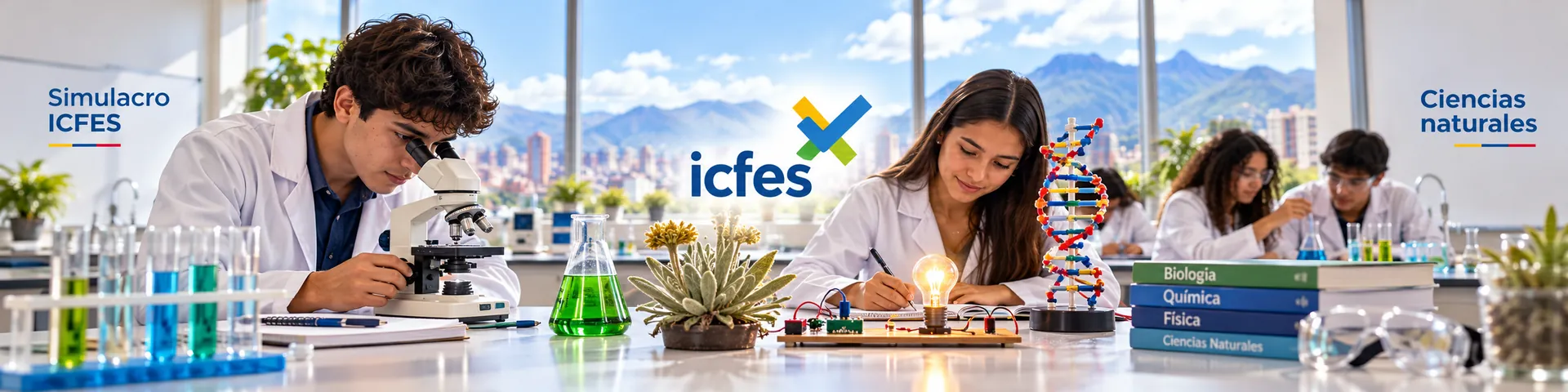 Estudiantes en laboratorio para el simulacro ICFES de Ciencias naturales con preguntas de biología, química y física