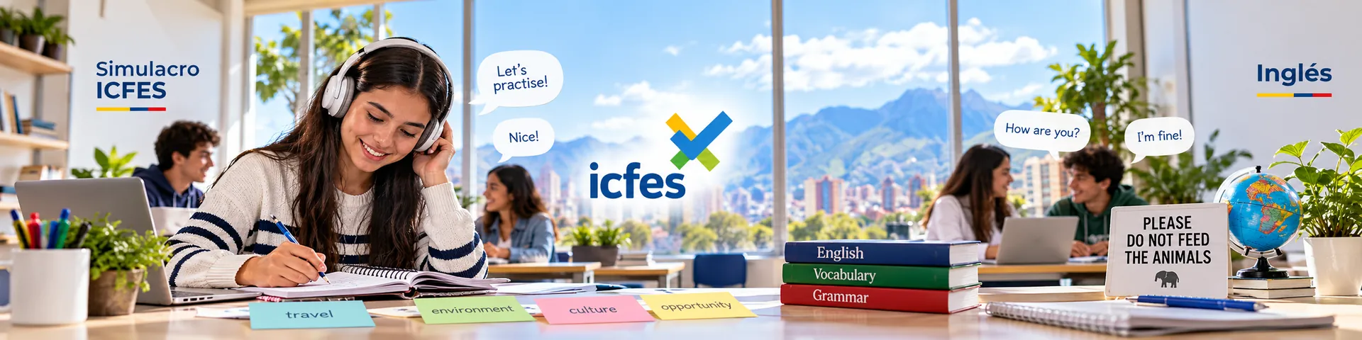 Estudiante practicando el simulacro ICFES de Inglés con las siete partes del examen Saber 11