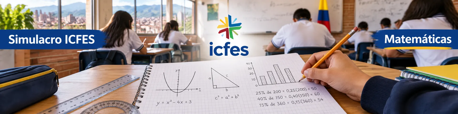 Simulacro ICFES de Matemáticas con preguntas tipo Saber 11 de álgebra, geometría y estadística