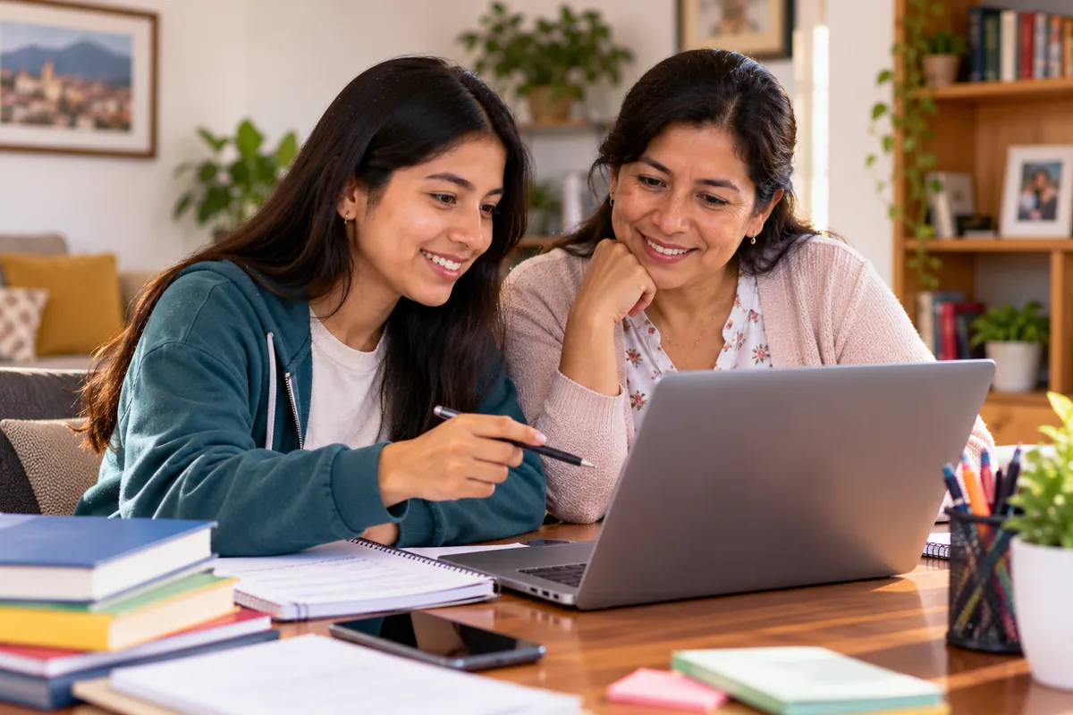 Postulante peruana revisando requisitos de becas BCP con su madre