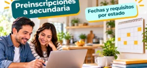 Papá y mamá haciendo la preinscripción a secundaria en laptop junto al calendario de fechas y requisitos por estado
