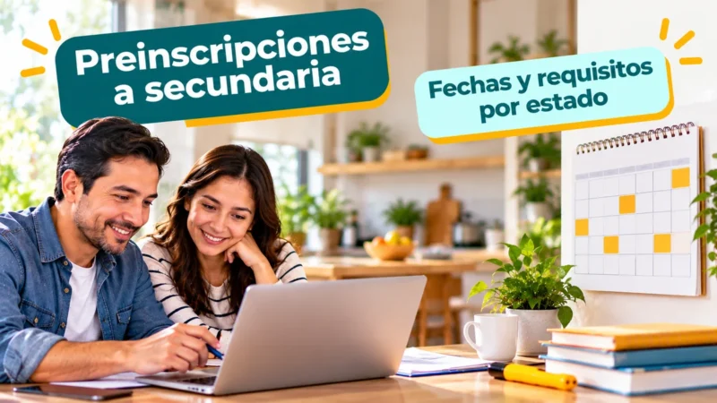 Papá y mamá haciendo la preinscripción a secundaria en laptop junto al calendario de fechas y requisitos por estado