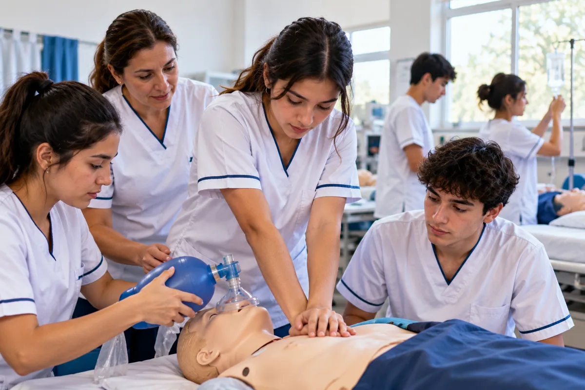 Progresar Enfermería: estudiantes de enfermería practicando en un aula de simulación