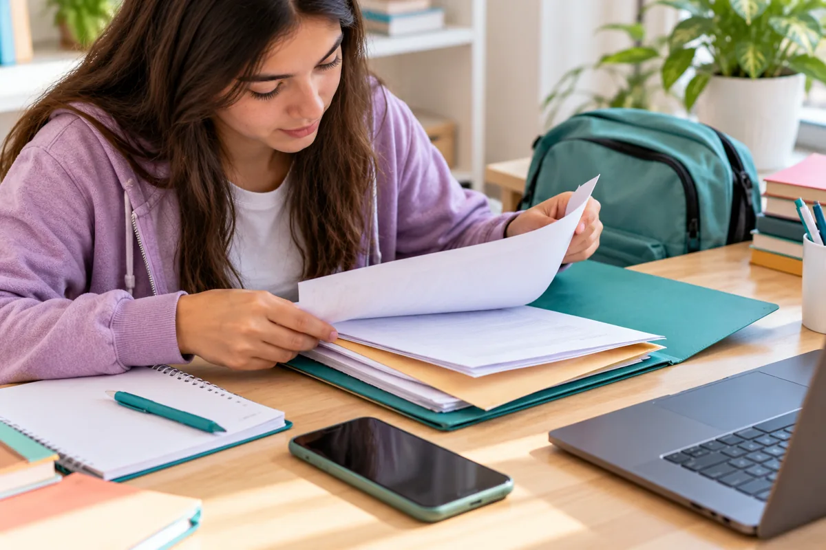 Progresar estado de solicitud: estudiante preparando la documentación para reclamar