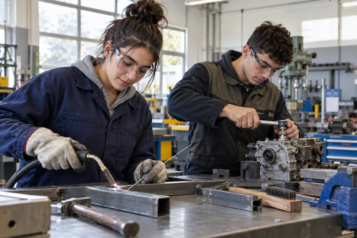 Progresar formación profesional: estudiantes en un taller de soldadura y mecánica