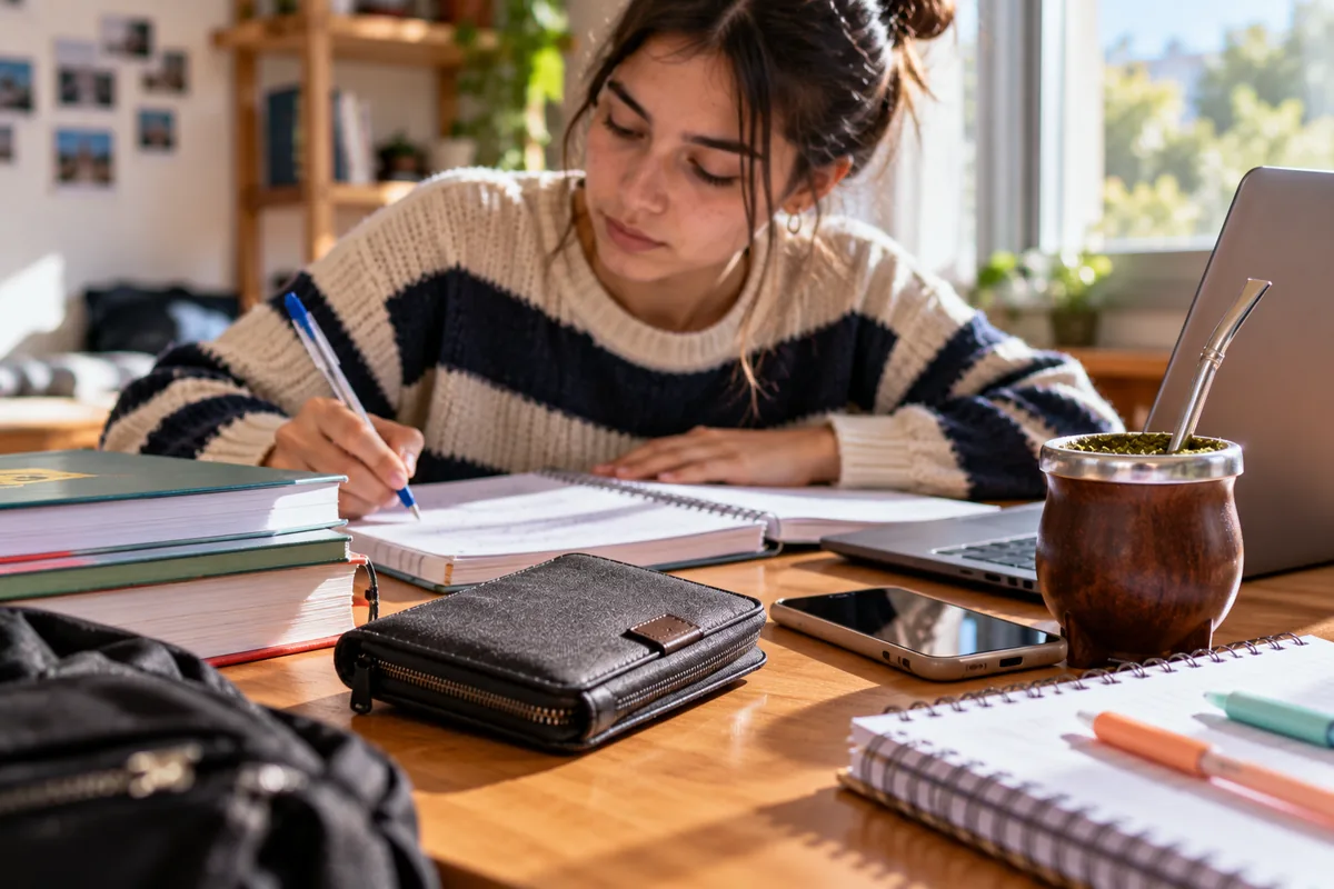 Progresar monto: billetera y apuntes de estudiante sobre una mesa