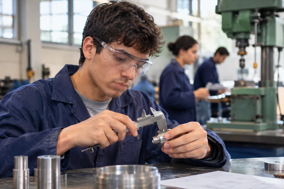 Progresar nivel superior: estudiante de terciario en un laboratorio técnico