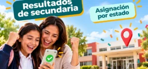 Niña y su mamá celebrando los resultados de asignación a secundaria en el celular
