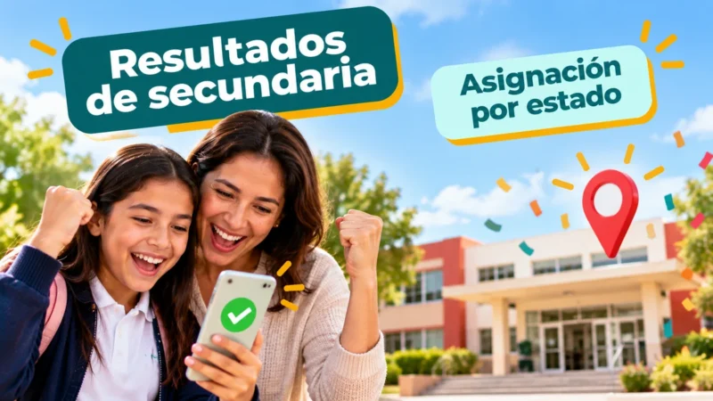 Niña y su mamá celebrando los resultados de asignación a secundaria en el celular