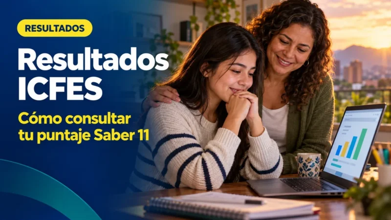 Estudiante colombiana revisa en su laptop los resultados del ICFES Saber 11 junto a su mamá