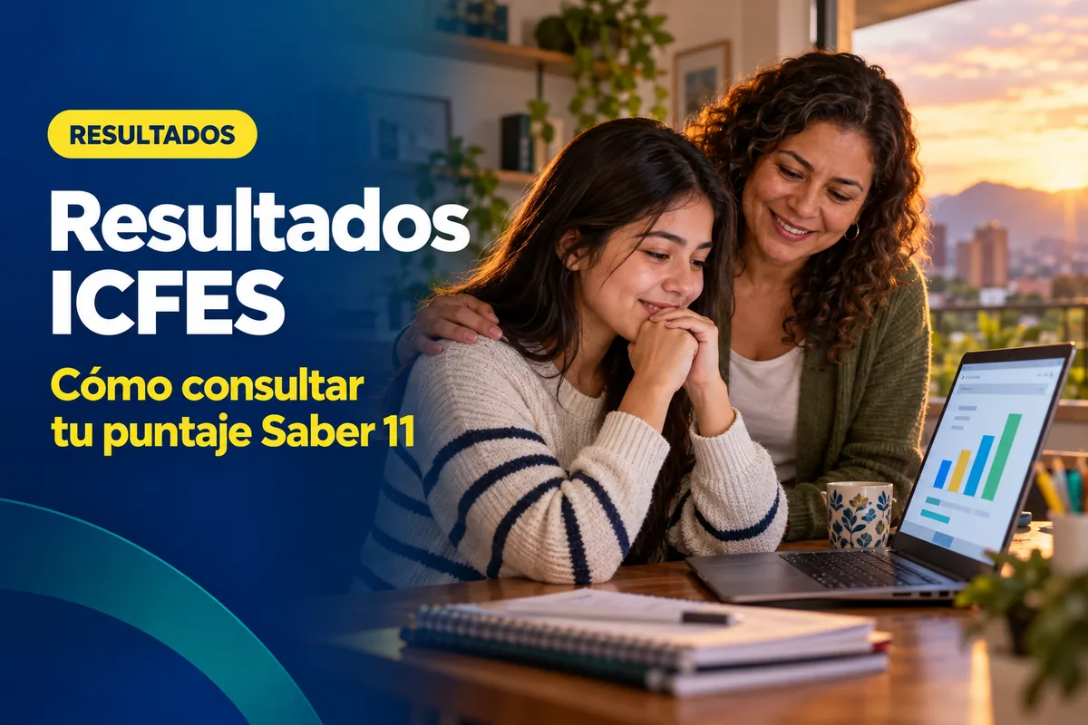Estudiante colombiana revisa en su laptop los resultados del ICFES Saber 11 junto a su mamá