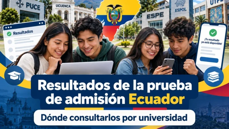 Aspirantes consultando en el celular y la laptop los resultados de la prueba de admisión en Ecuador