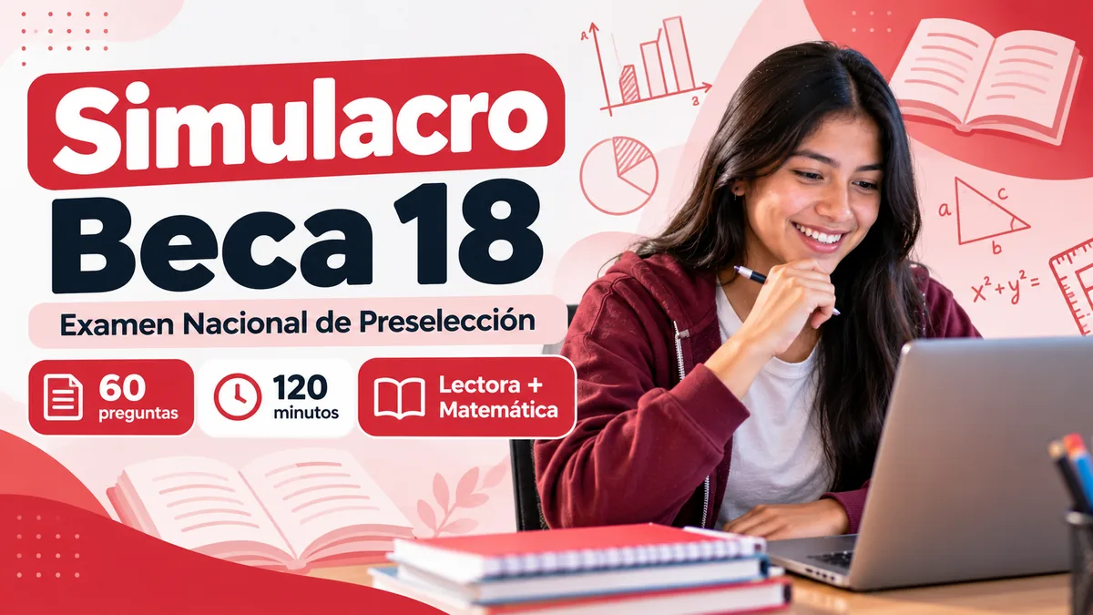 Portada del simulacro Beca 18: 60 preguntas de lectora y matemática en 120 minutos