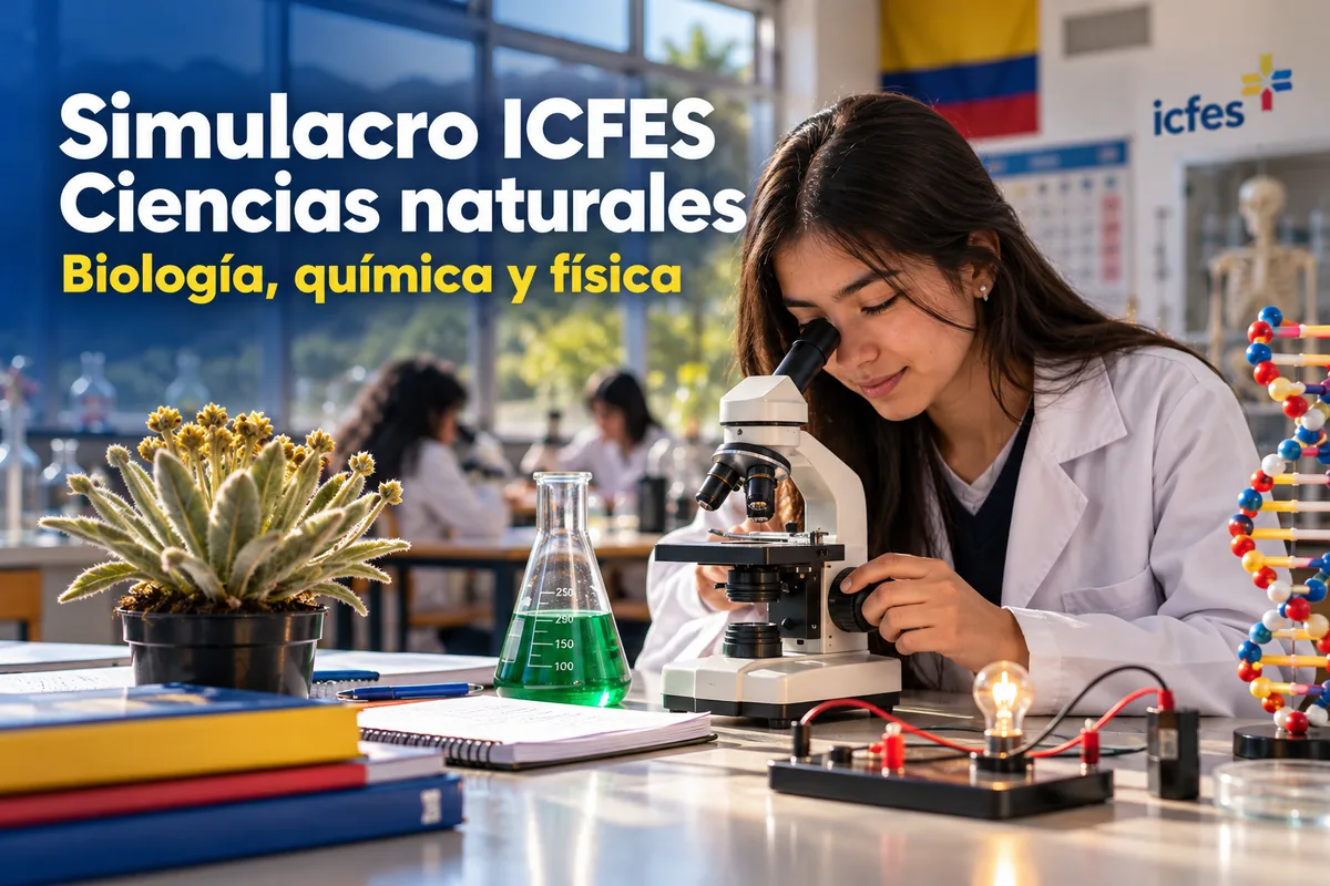 Estudiantes en laboratorio para el simulacro ICFES de Ciencias naturales con preguntas de biología, química y física