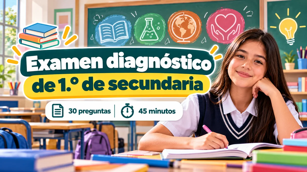 Portada del simulador del examen diagnóstico de primero de secundaria: 30 preguntas en 45 minutos