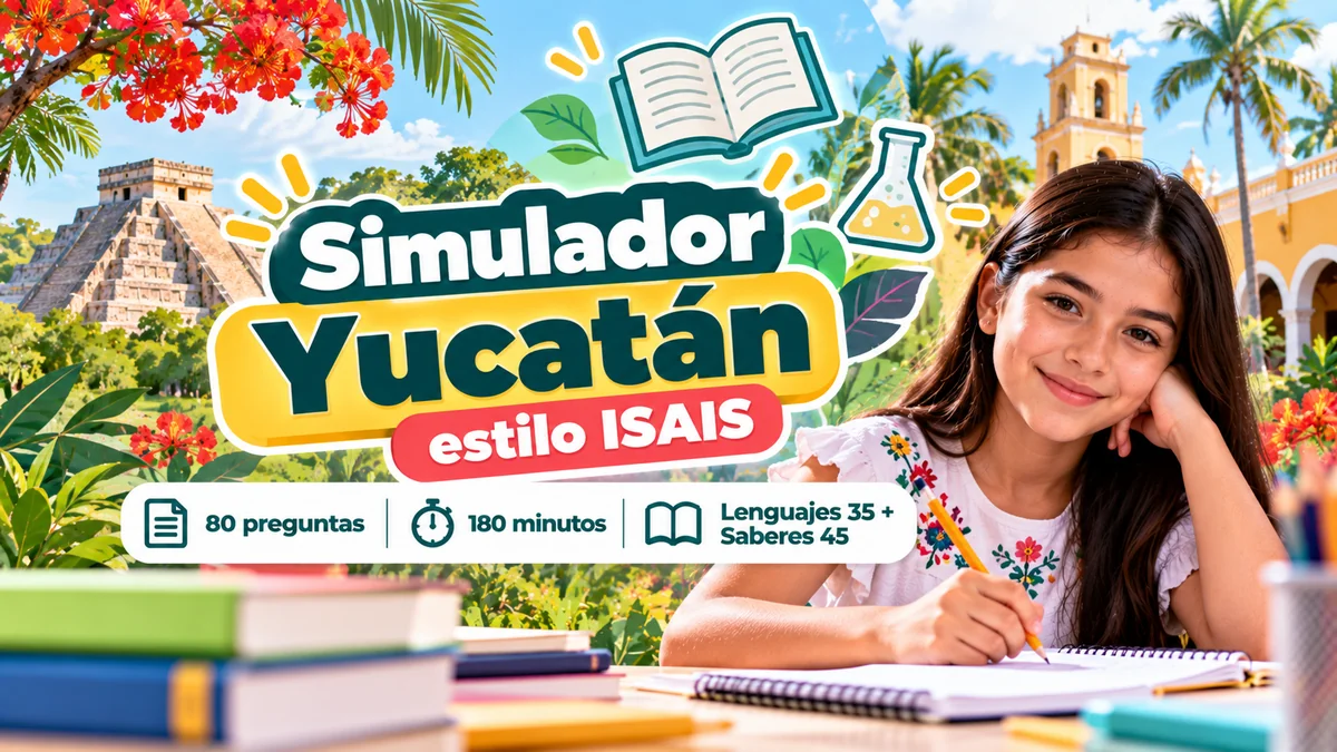 Portada del simulador estilo ISAIS de Yucatán: 80 preguntas en 180 minutos, Lenguajes 35 y Saberes 45