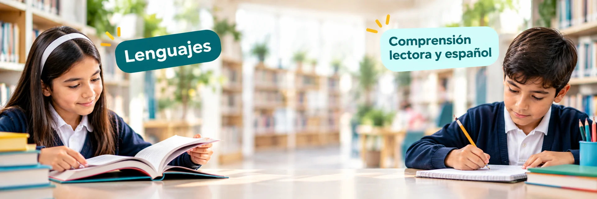 Alumnos leyendo y escribiendo en la biblioteca, simulador de Lenguajes del examen para secundaria: comprensión lectora y español