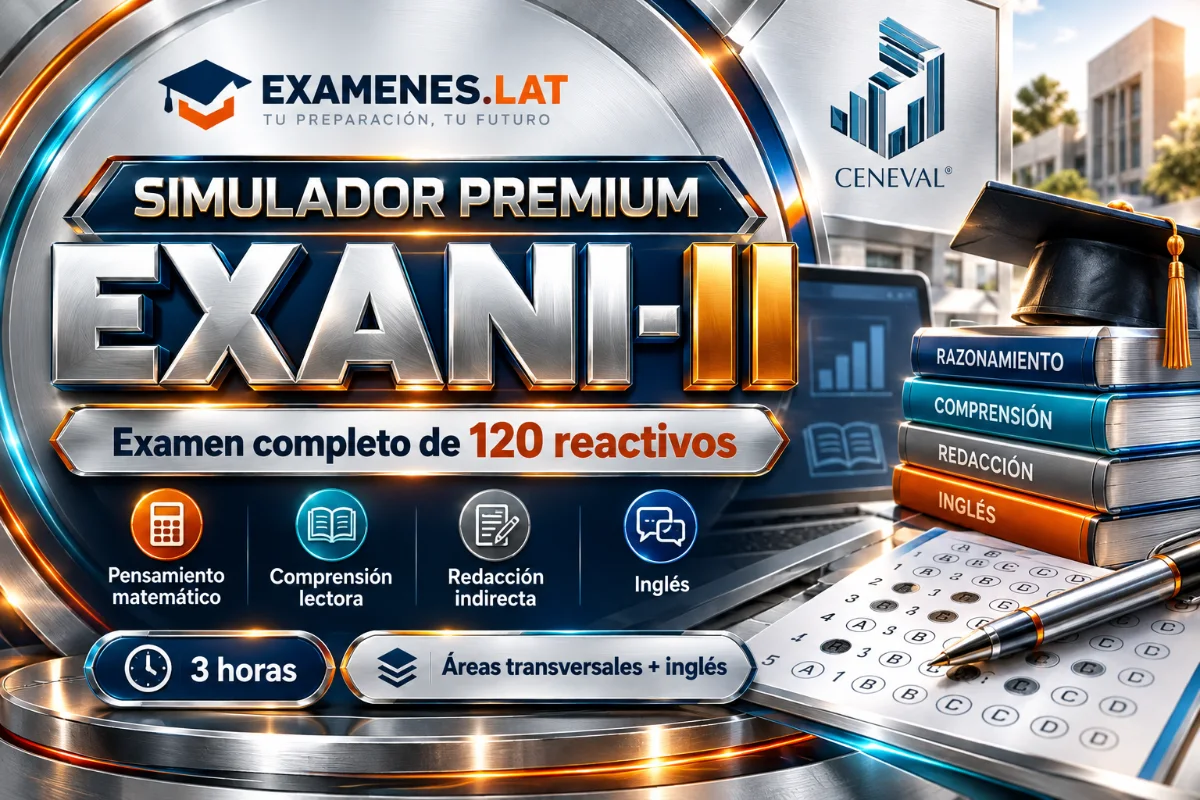 Portada del Simulador Premium EXANI-II de examenes.lat: examen completo de 120 reactivos en 3 horas