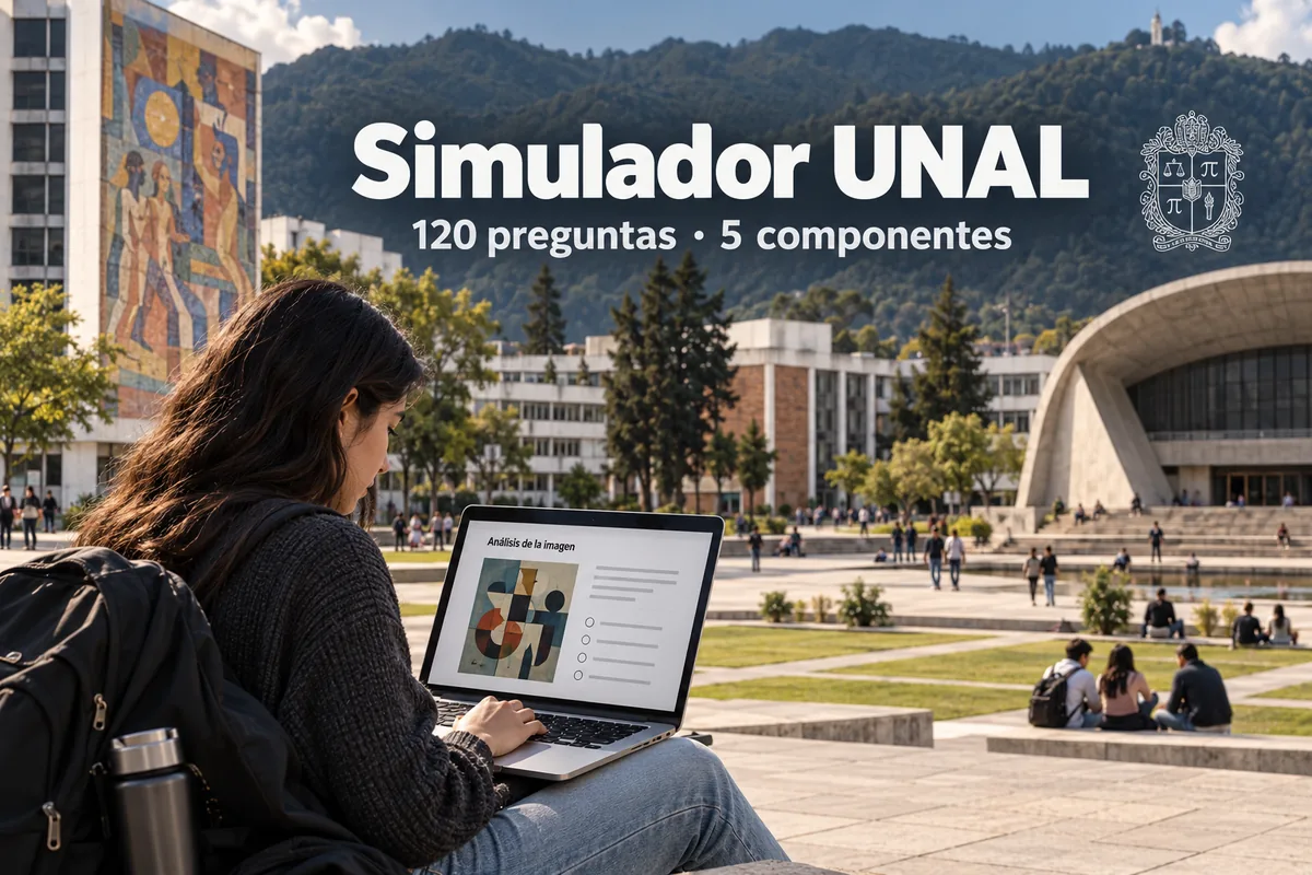 Aspirante practicando en el simulador del examen de admisión de la Universidad Nacional de Colombia, 120 preguntas y 5 componentes